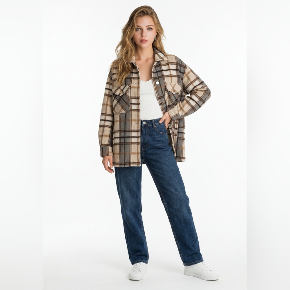 ZARA Plaid Shacket Jacket | Size M | Neutral Oversized Snap Button Layer